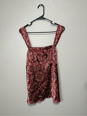 Y2K Self Esteem Boho Satin Tank Top Tie Back Burgundy Gold XL